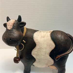 Decorative Brown Leather Cow Figurine with Cream Patch
